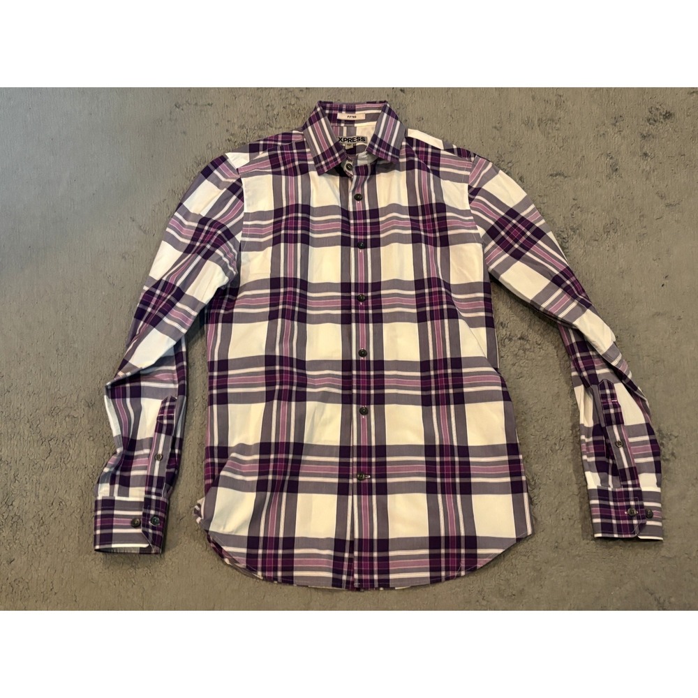 Express Fitted Mens Small Purple Plaid Long Sleeve Button Up Shirt 100% Cotton